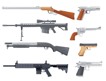 Set of military or police firearm weapon handgun carbine sniper rifle and shotgun vector...