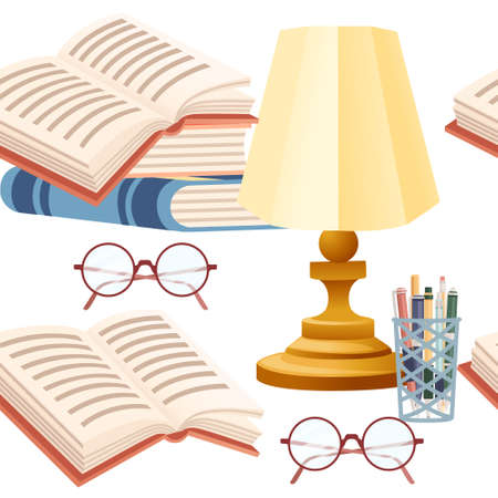 Seamless pattern items for desk workplace concept for home workstation with pile of books and desk lamp flat vector illustration on white backgroundのイラスト素材