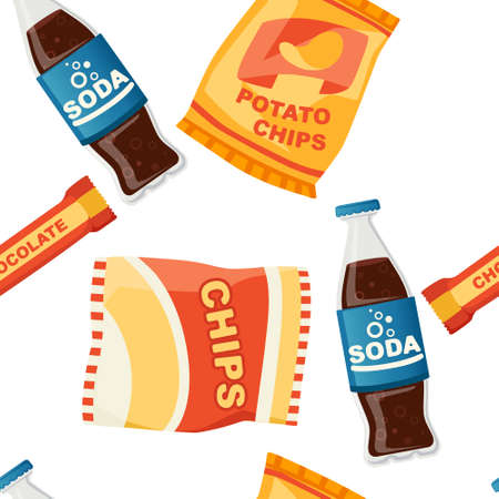 Soda potato chips and chocolate bar snack product set flat vector illustration on white backgroundのイラスト素材