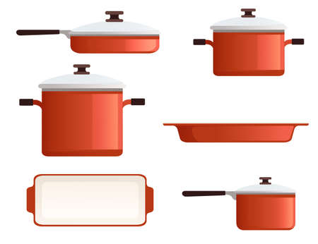 Set of kitchen pan and pots cooking equipment kitchenware with red color vector illustration on white backgroundのイラスト素材