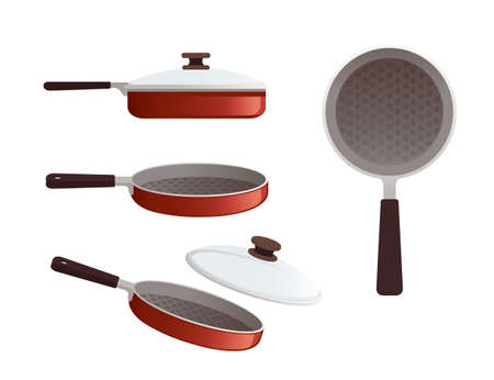 Set of red metal frying pan with wooden handle and with glass lid vector illustration on white backgroundのイラスト素材