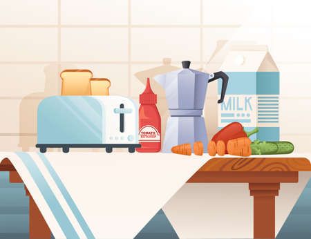 Kitchen interior with items on wooden desk vector illustrationのイラスト素材