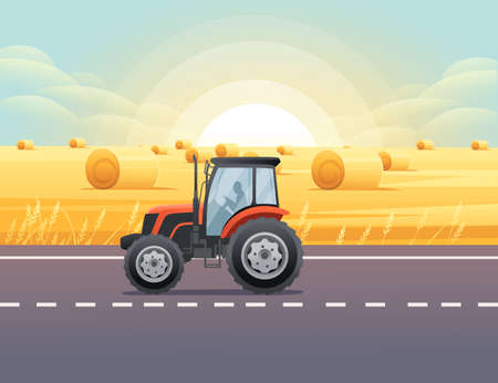 Road to city tractor is driving on the road through rural meadow with wheat field a sunny day with clear sky vector illustrationのイラスト素材