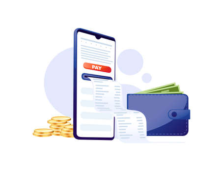 Abstract finance payment illustration with wallet and payment check from smartphone app vector illustration.のイラスト素材
