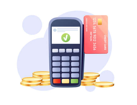 POS Terminal with credit card and coins wireless payment purchases in store processing payments e-commerce vector illustration on white backgroundのイラスト素材