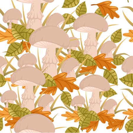 Seamless pattern white edible mushrooms growth in forest with yellow and green leaves vector illustration.のイラスト素材