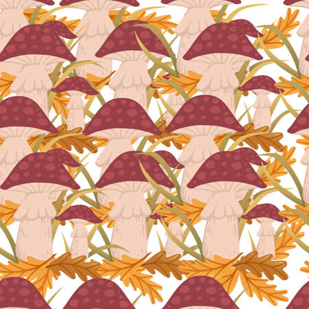 Seamless pattern red dotted poison mushrooms growth in forest with yellow and green leaves vector illustration.のイラスト素材