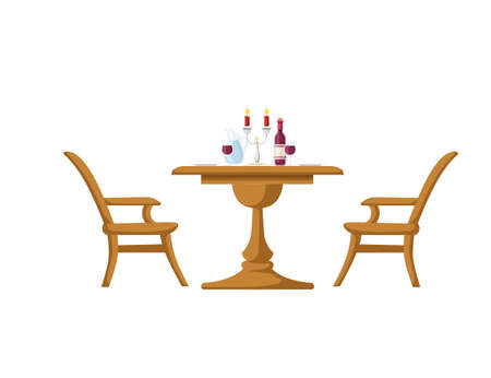 Romantic dinner concept with wine and wine glass wooden luxury royal table and chairs vector illustration on white background.のイラスト素材