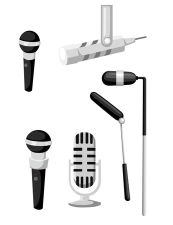 Set of different types of microphones for professional usage vector illustration isolated on white background.のイラスト素材