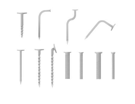 Set of metal bolts nails and screws iron hardware tools vector illustration isolated on white background.のイラスト素材