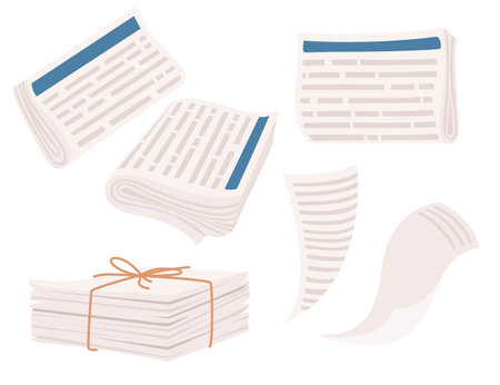 Set of pile newspapers bound with string vector illustration isolated on white background.のイラスト素材