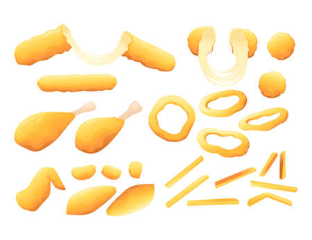 Set of deep-fried fast food cheese sticks onion rings french fries and roasted chicken vector illustration isolated on white background.のイラスト素材