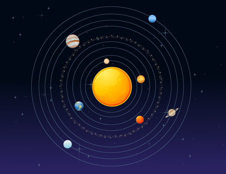 Solar system model with sun and planets space objects vector illustration on deep sky background.のイラスト素材