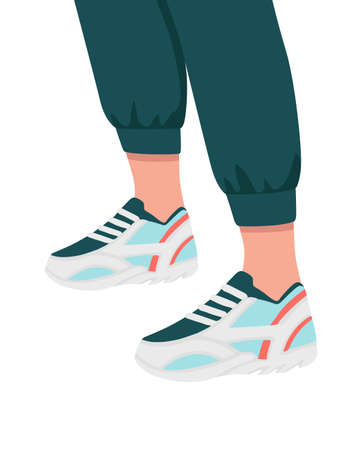 Sneakers dressed on feet shoes colored design sports casual wear vector illustration isolated on white backgroundのイラスト素材