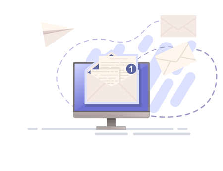 Illustration of sending mail or email with paper envelope and monitor vector illustration on white backgroundのイラスト素材