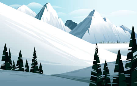 Horizontal winter mountain landscape with fir forest and show mountains covered snow vector illustrationのイラスト素材