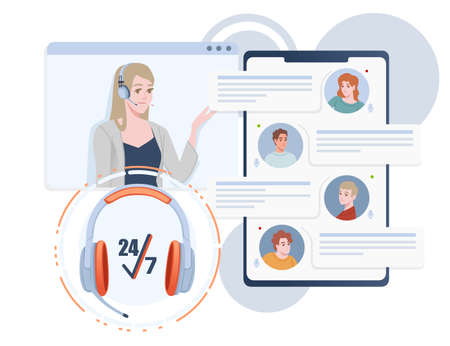 Call center service with 24-7 icon and video help window call center specialist vector illustration...