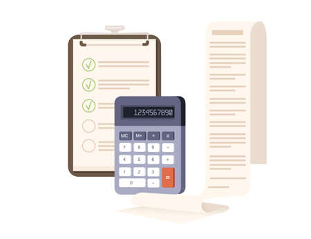Office supplies calculator bill checklist vector illustration on white background.のイラスト素材
