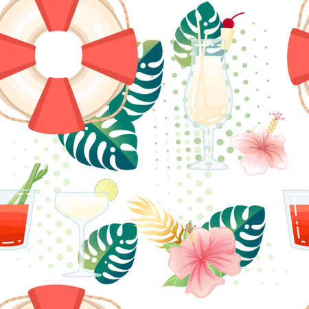Seamless pattern exotic cocktails in transparent glass with tropical flowers vector illustration on...