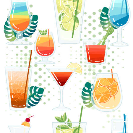 Seamless pattern exotic cocktails in transparent glass vector illustration on white background.のイラスト素材