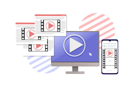 Video or film production cinematography concept media player on monitor with professional tools vector illustration on white background.のイラスト素材