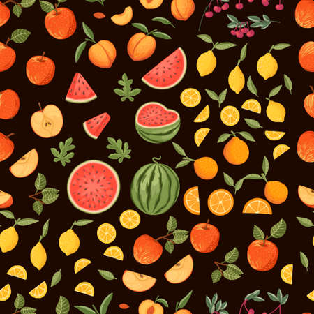 Seamless pattern collection of fresh raw fruits apple watermelon orange lemon cherry and peach vector illustration on dark background.のイラスト素材