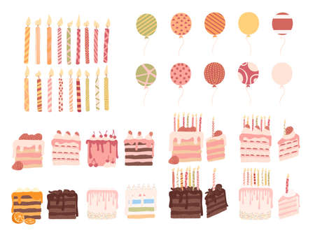 Set of birthday cake striped candles and air balloons birthday celebration vector illustration on...