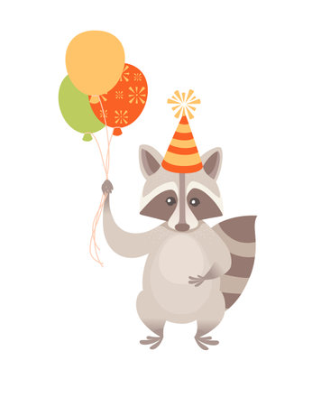 Cute raccoon in a cone-cap holds a air balloons in hands birthday animal concept cartoon animal design vector illustration on white background.のイラスト素材