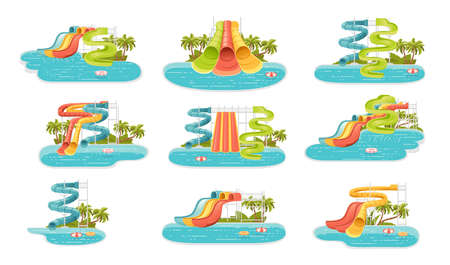 Set of waterpark illustration with colored plastic screw slides and pool with palm tree on the shore vector illustration on white backgroundのイラスト素材