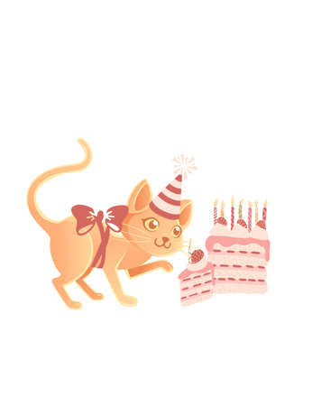 Cute cat with cone hat ready to eating tasty strawberry cake cartoon animal design vector illustration on white backgroundのイラスト素材