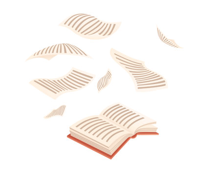 Open book with flying paper pages vector illustration on white backgroundのイラスト素材