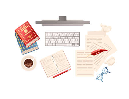 Computer with books papers and coffee writer workplace online education concept top view vector illustration on white backgroundのイラスト素材
