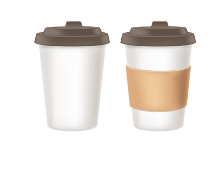 Disposable white paper coffee cup with plastic drinking lids vector illustration isolated on white background.のイラスト素材