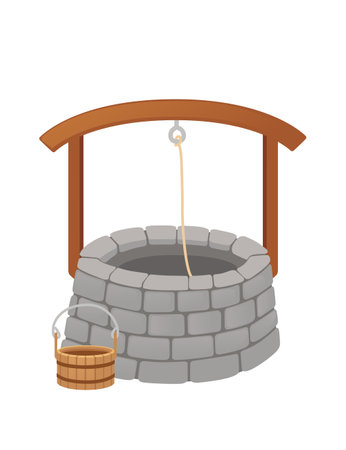 Stone well with rope medieval design vector illustration isolated on white background.のイラスト素材