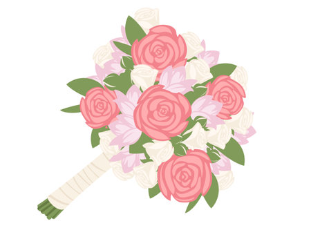 Bouquet of rose flowers wrapped in paper with a red ribbon vector illustration isolated on white background.のイラスト素材