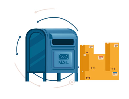 Blue classic mailbox with cardboard boxes ready to send package delivery concept vector illustration isolated on white background.のイラスト素材