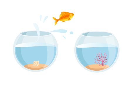 Golden fish jump from fishbowl to another fishbowl vector illustration on white background.のイラスト素材