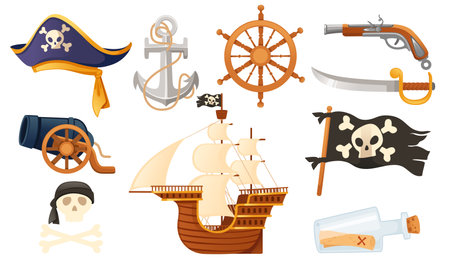 Collection of pirate themed items vector illustration isolated on white background.のイラスト素材