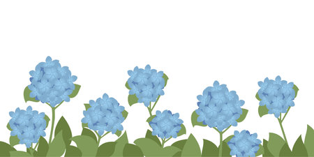Simple hydrangea flowers bed with green grass and leaves vector illustration on white background.のイラスト素材