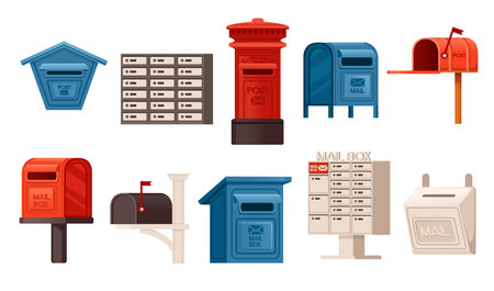 Collection of classic style mailbox with different forms and color vector illustration isolated on white background.のイラスト素材