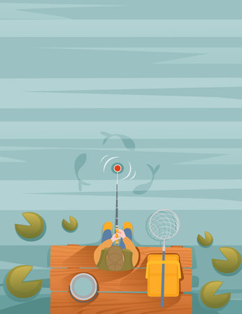 Fisherman sits on wooden pier and fishing with rod vector illustration vertical format.のイラスト素材