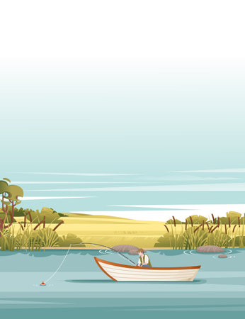 Fishermans sits on wooden boat and fishing with rod vector illustration landspace background vertical format.のイラスト素材