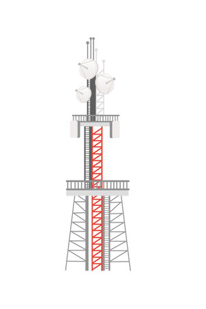 Modern communication tower construction for tv radio network or gsm technology vector illustration isolated on white background.のイラスト素材