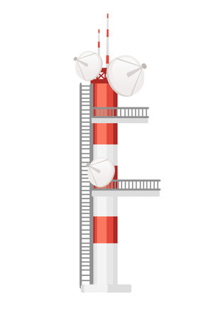 Modern communication tower construction for tv radio network or gsm technology vector illustration isolated on white background.のイラスト素材