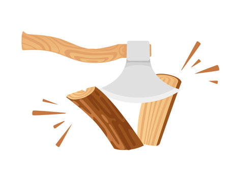 Chopping wooden log with ax vector illustration isolated on white background.のイラスト素材