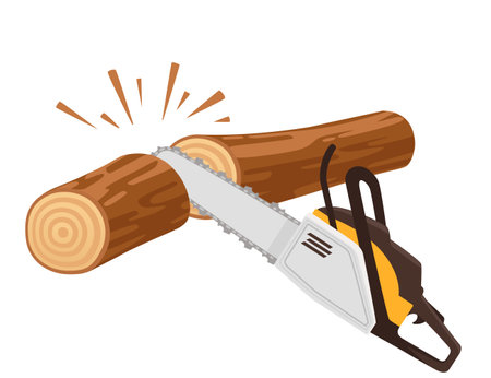 Sawing wooden log with modern chainsaw vector illustration isolated on white background.のイラスト素材