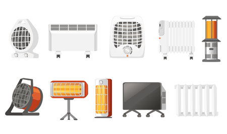 Set of domestic portable air heater with fan and ceramic heater element vector illustration isolated on white background.のイラスト素材
