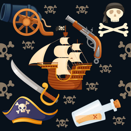 Seamless pattern of pirate theme with ship skull and weapon vector illustration on dark background.のイラスト素材