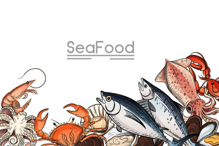 Illustration of seafood collection with different type of delicacy vector illustration with text on center on white background.のイラスト素材