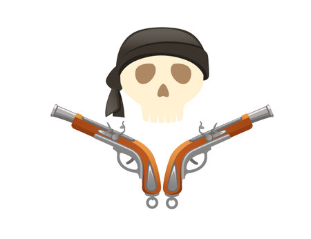 Skull with black bandana and pistols vector illustration on white background.のイラスト素材